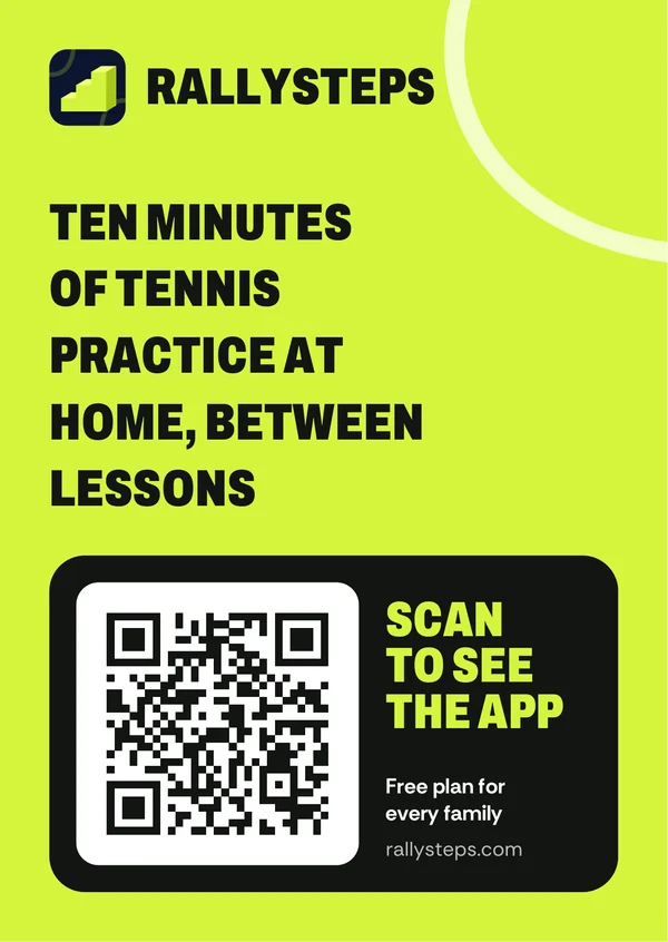 The RallySteps parent card: ten minutes of tennis practice at home, between lessons, with a QR code to rallysteps.com