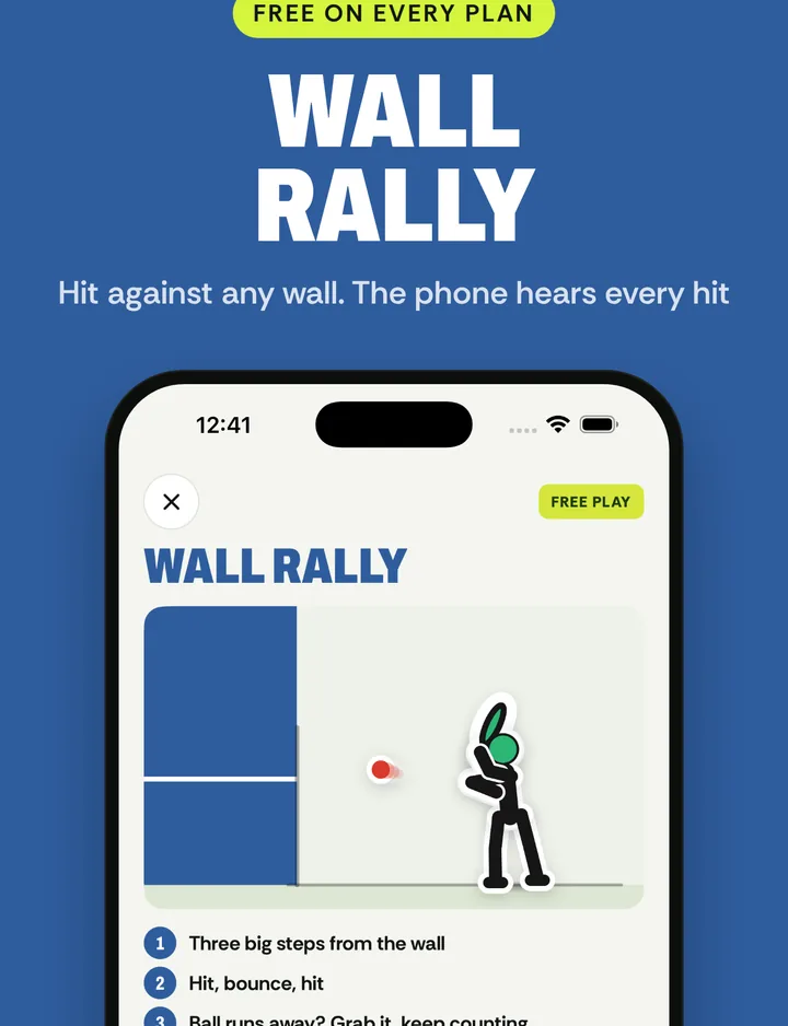 The Wall Rally screen in the RallySteps app: three big steps from the wall, hit, bounce, hit, and a count of hits in a row